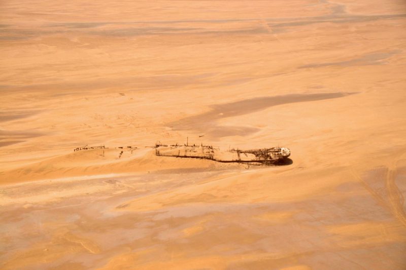 A shipwreck seen from above in Skeleton Coast