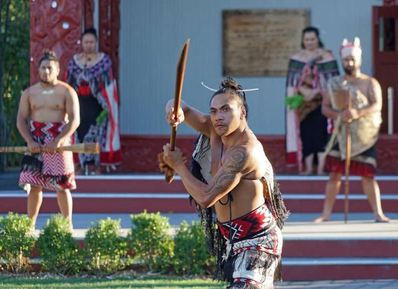 A Maori warrior displaying his skills
