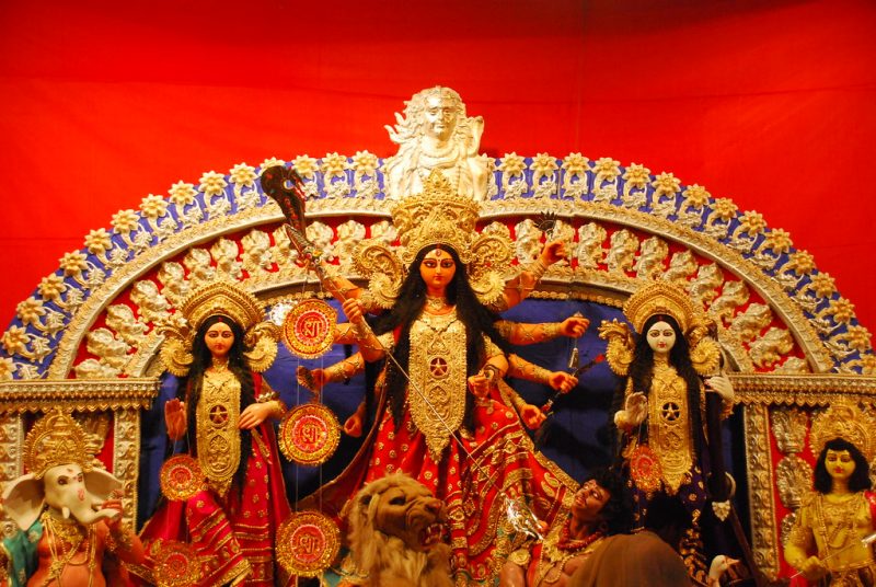 A massive idol of Goddess Durga seen in a pandal