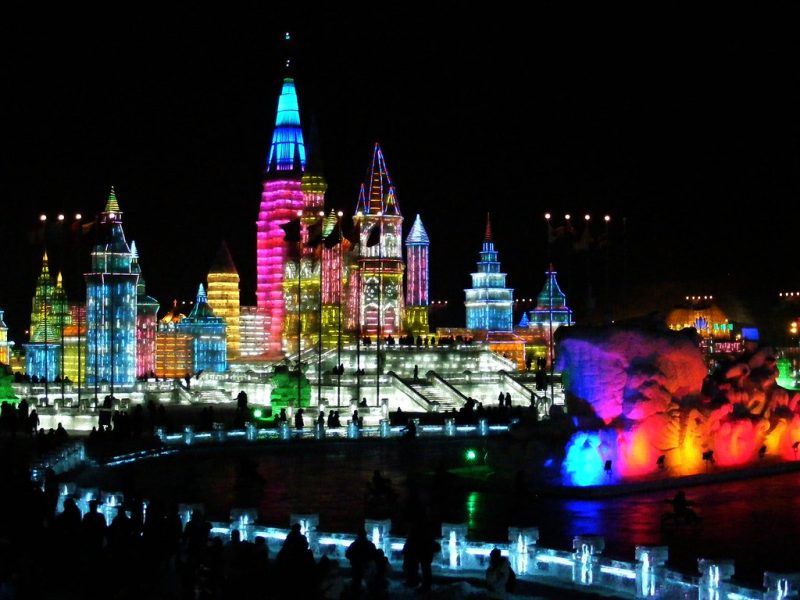 Harbin lights up during the snow and ice festival at night