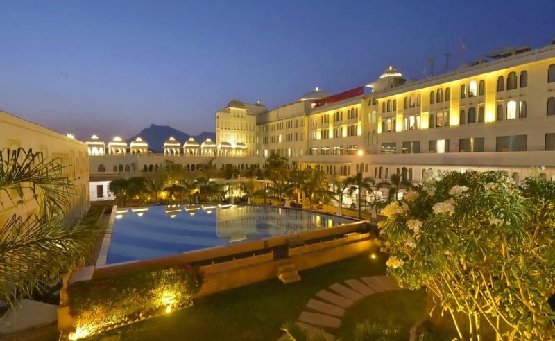 The radiant Radisson Blu Udaipur Palace Resort and Spa at night